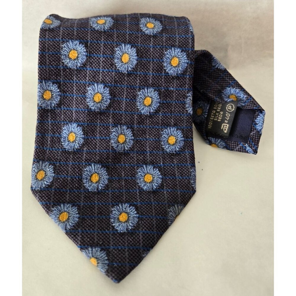 Ermenegildo Zegna 100% Silk Navy Floral Tie Daisies Denim Classic Suiting Office